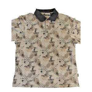John Henry Polo Shirt Men Large Gray Black Tan Leaf Pattern Casual Retro Vintage
